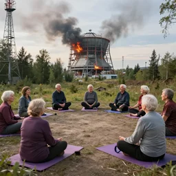 senior citizen yoga club meeting, outside Cherynobyl nuclear reactor during meltdown