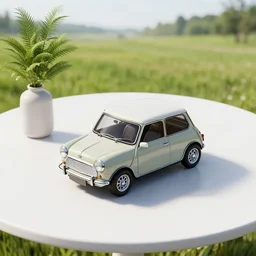 a small miniature of a Mini Cooper S 1963 on a white table near a vase with a plant, 3d render, octane render, unreal engine 5, path tracing, serene landscape, calm, relaxing, beautiful landscape, highly detailed, high quality, 4k, symmetrical, low contrast, view from above