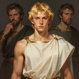character concept portrait, evan peters with golden hair, ancient greek toga, style digital painting, concept art, smooth, sharp focus, illustration, from metal gear, by ruan jia and mandy jurgens and william - adolphe bouguereau, artgerm