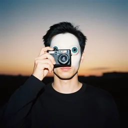 studio portrait of a man who is made of eyeballs. dusk, sunset, film photo, rollei 3 5 camera, tri - x film