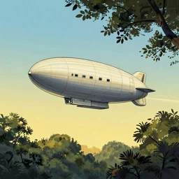an airship skimming the tree tops at dawn, illustration, 4k, bright colors, dark linework