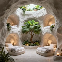 secret overwatch common area carved inside a cave, multiple bedrooms, sheltered, magical, natural light, planters, central tree, candle light, cinematic lighting, clean lines, cozy, fantasy, minimalist architecture, sharp focus, concept art, octane render 8 k