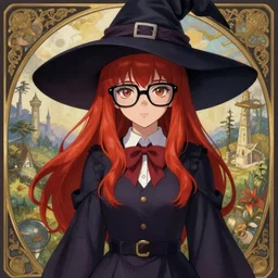 anime portrait cute adult female witch student, magic university school dress, thick nerd glasses, fantasy landscape, bangs red hair, sharp focus, illustration, highly detailed, digital painting, concept art, matte, art by wlop and artgerm and greg rutkowski and alphonse mucha, masterpiece
