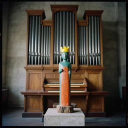 kodak portra 4 0 0, 8 k, shot of a highly detailed, britt marling style, colour still - life portrait of a large pipe organ, rough concrete walls, a single rough carved wooden teal and orange striped coloured statue is standing on a concrete podest with a yellow crown on his head, muted colours