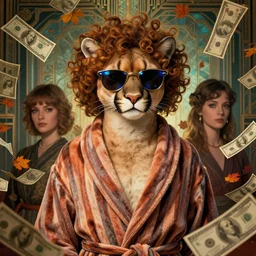 portrait, anthropomorphic puma, striped bathrobe, curly hair, electric sunglasses, surrounded by floating autumn dollar bills, fantasy, detailed, intricate, luminescent, elegant, coherent, by mandy jurgens, hannah yata and kay sage, donato giancola, detailed, artstation, cinematic lighting, artdeco, art deco outrun aesthetic