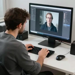 a very detailed photo of an addict behind a desk and computer creating stable diffusion art