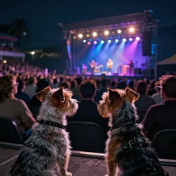 two terrier dogs, watching a pop concert at night in a crowded venue, digital art, concept art, trending on artstation, cinematic lighting, giger, beksinski, barlowe