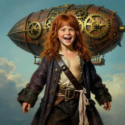 realist portrait painting of a 3 5 years old rugged joyful male pirate long long hair soft hair crimson hair simplistic clothes long coat upper body elegant muscular rugged handsome, floating wood brass gears ornate mechanical zeppelin in upper background sky, key art cinematic lighting art by mucha rutkowski artgerm