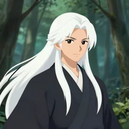 illustration depicting a samurai with long white hair, forest background, stylized, by artstation
