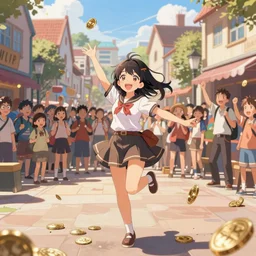 Digital anime art by WLOP and Mobius, Town square, a dancing girl performs, happy smile, coins around her feet, large crowd, highly detailed, bright sunshine and lighting