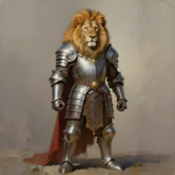 portrait of a regal leonin, wearing armor, angry, full body, realistic, kodachrome, dungeons and dragons, painting, digital art