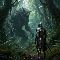 a strong knight is facing a horrific monster in a densely overgrown, eerie jungle, fantasy, stopped in time, dreamlike light incidence, ultra realistic