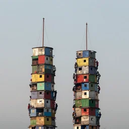 two suspending towers made up of colourful stacked makeshift squatter shacks with people climbing over, mamiya 8 5 mm, f 1. 7, early morning light, misty, uniform plain sky, fine details, photographed by julie blackmon