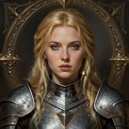 head-on centered symmetrical painted portrait, Elisha Cuthbert as a paladin, blonde hair, (steel) armour, dramatic lighting, intricate, fantasy, intricate, elegant, highly detailed, digital painting, smooth, sharp focus, illustration, dramatic lighting, artstation, in the style of Artgerm and Anna Podedworna