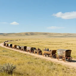 a wagon train with 8 wagons in it, western art
