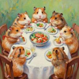 oil painting of hamsters having dinner at the dinner table, vibrant