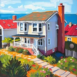 expressive oil painting of house in monterey california by the ocean, colorful, vivid