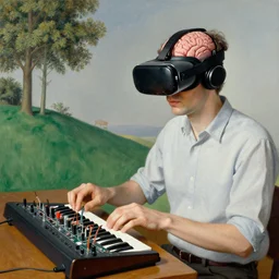 man with vr glasses wearing brain - interface using a modular synthesizer. painted by francis bacon, hieronymus bosch
