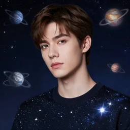 The beginning of time, portrait of a beautiful young man, dressed in stars and planets, extreme hyper detail, dramatic, fantasy lighting, matte print, digital art, cute smile, beautiful eyes, digital painting, fan art, pixiv, elegant, Ilya Kuvshinov style, Studio Ghibli