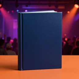 studio photography of a book with a dance club background, colorful lighting, navy and burnt orange shades