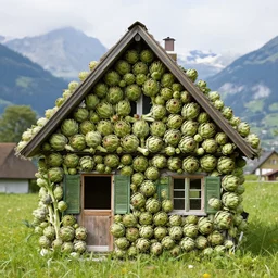 a house filled entirely with artichokes from top to bottom with switzerland in the background