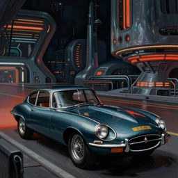 zdzisław beksinski painting, retro futuristic, blade runner 2 0 4 9, jaguar e - type, cinematic, harsh lighting