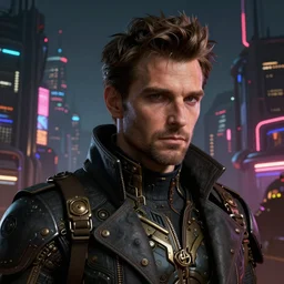 portrait of jerry scotti, hypertechnological world in the background, steampunk, cyber city, neon light, matte paiting, hyper detailed, artstation