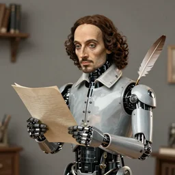 Shakespeare as a cyborg robot holding paper and quill