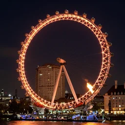 The London Eye on fire, photograph, dramatic, night time, striking