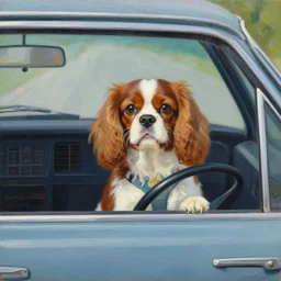 cavalier king charles spaniel behind the wheel of a car, driving a 1 9 8 0 sedan, oil on canvas
