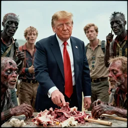 technicolor donald trump in dawn of the dead, zombies eating flesh, cinestill 8 0 0 t, 1 9 7 0 s movie still, film grain