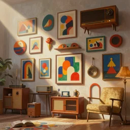 a wall of retro and vintage items, funky groovy 7 0 s, abstract art deco furnature, highly detailed digital painting, concept art by yongfei liu, alben tan, vance kocas, octane rendered, low angle, god rays, cg society, unreal engine