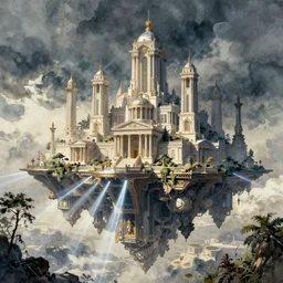concept art of a amazing floating neoclassical city, fantasy, steampunk, pinterest, artstation trending, behance, watercolor, by coby whitmore, silver, laser light,