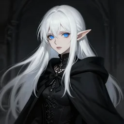 an elf woman with white long hair, blue eyes, wearing a black cape, highly detailed, digital painting, artstation, matte, bloodborne style, gothic, by makoto shinkai, animation style