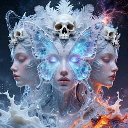 3 d goddess butterfly face portrait, liquid fluid face in the center, bioluminescent, beautiful transculent intricate highly detailed quetzalcoatl skull and feathers. ice, galaxy, plasma, lava, milk, artwork by tooth wu and wlop and beeple and greg rutkowski, 8 k trending on artstation, volumetric lighting