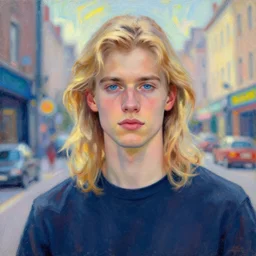 a beautiful young man, blond, long hair, blue eyes, fair skin, in the middle of the city, impressionist, volumetric light, colorful