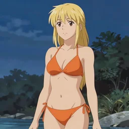 beautiful blond woman in orange tribal bikini, blond hair pulled back, by makoto shinkai, 8 k, high resolution render, cinematic, unreal engine, clean lineart and flat color,
