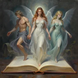a realistic painting of three male and one female spirits emerging from inside a book, trending on artstation, detailed digital art