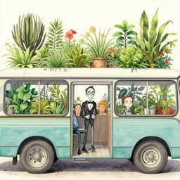 ultra detailed pencil and watercolors and digital illustration of many plants grow inside the bus by wes anderson, tim burton, tomm moore, jean pierre jeunet ; 4 k 8 k hd high resolution ;