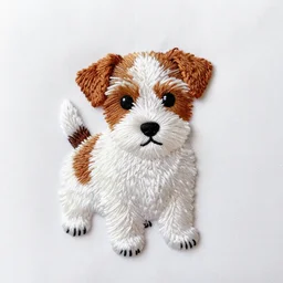 a tiny beautiful handmade embroidery of a cute long haired wire haired jack russell terrier puppy, white with brown spots and patches over both eyes. hand embroidery.
