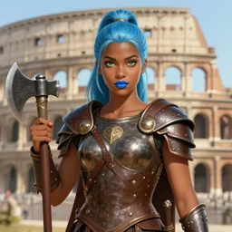 frontview portrait of gladiator warrior lady, young, beautiful, dark skin, light blue hair, ponytail, big open green eyes, blue lipstick, brown heavy armor, axes, posing, coliseum background, highly detailed, smooth, sharp focus, digital painting, artgerm and greg rutkowski and alphonse mucha, comic book cover art