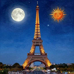 Eiffel tower, moon, (((sun))), (((stars))), waterpaint art, ((((((((Night)))))))) day time