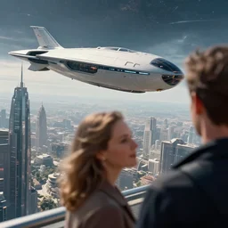 gorgeous sci fi imagery | landing spot | space and city flying craft | futuristic | beautiful couple in the extreme foreground heading to their hovering transport, closeup | futurism | modern couple | futuristic cityscape in the background | medium angle | by john berkey, greg rutkowski, james gurney