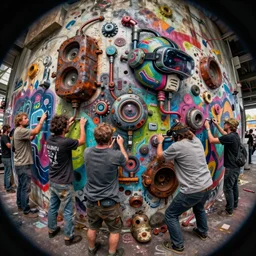 junky men doing graffiti on wall, cybertronic gadgets and vr helmet, durty colours, micro technology, rotten textures, rusty shapes, biotechnology, bao phan, tim hildebrandt, wayne barlow, bruce pennington, donato giancola, larry elmore, oil on canvas, fisheye objective, mid shot, masterpiece, trending on artstation, featured on pixiv, cinematic composition, hyper - detailed, hd, hdr, 4 k, 8 k
