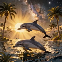 dolphin swimming, golden hour, god rays, by artgerm and ismail inceoglu and greg olsen, palm trees, cosmos, milky way galaxy, masterpiece, beautiful, intricate, elegant, highly detailed