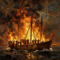 the Spanish armada in flames, oil painting, museum quality