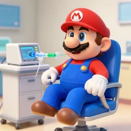 anthropomorphic mario as an anesthesiologist, sitting in chair, ventilator machine, photo
