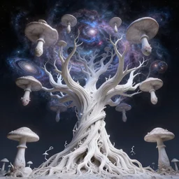 a cosmic yggdrasil with galaxies hanging from the branches by mushroom dreams visionar, digital art, artstation, low angle, high detail, intricate, white wood, wide shot,