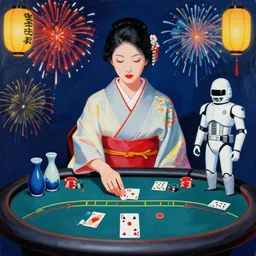 woman in a japanese kimono sitting at an extremely detailed poker table with the startrooper, sake on the table, fireworks and lanterns on the background, by andy warhol, canvas, acrylic paint, cool color palette, 4 k, ultra - hd