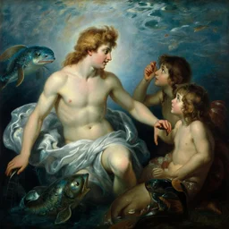 attractive god neptune speaking with the aquatic life, painting by gaston bussiere, craig mullins, j. c. leyendecker,